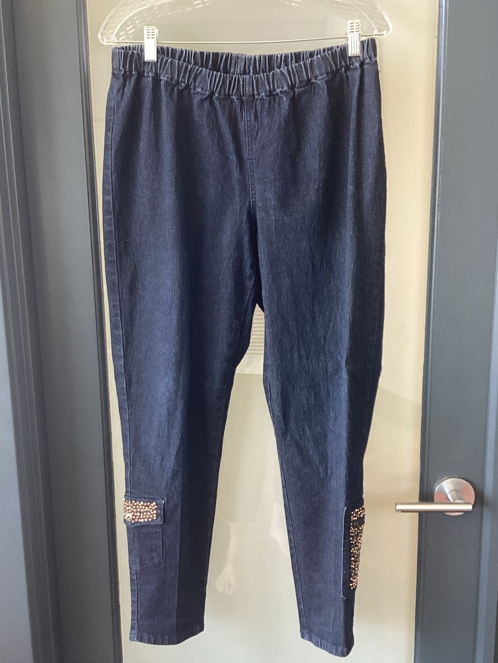 Pull on jeans with beautiful bling application on both legs